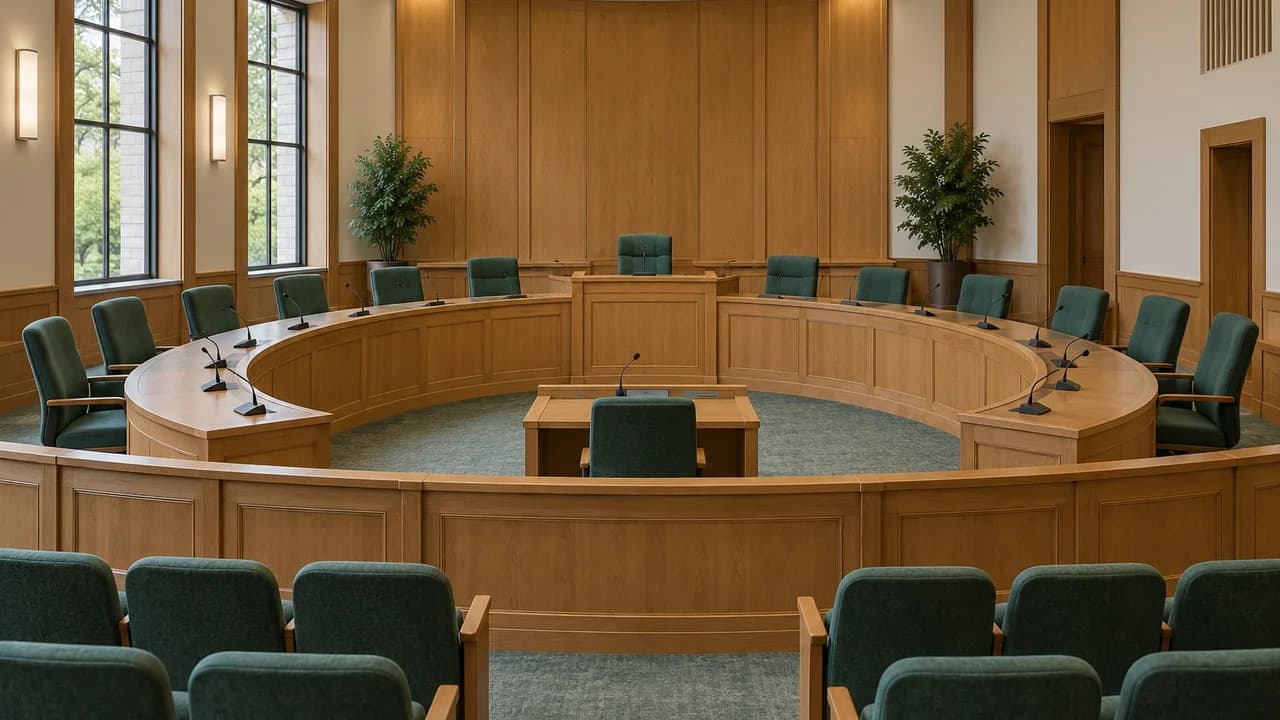 AI-generated editorial illustration: An empty illustrative municipal council chamber with oak desks and green chairs.