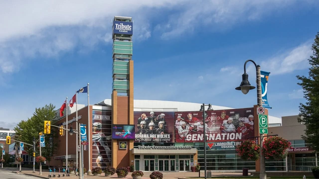 Exterior of the Tribute Communities Centre in Oshawa, home arena of the Oshawa Generals, with Generals mural wraps on the facade