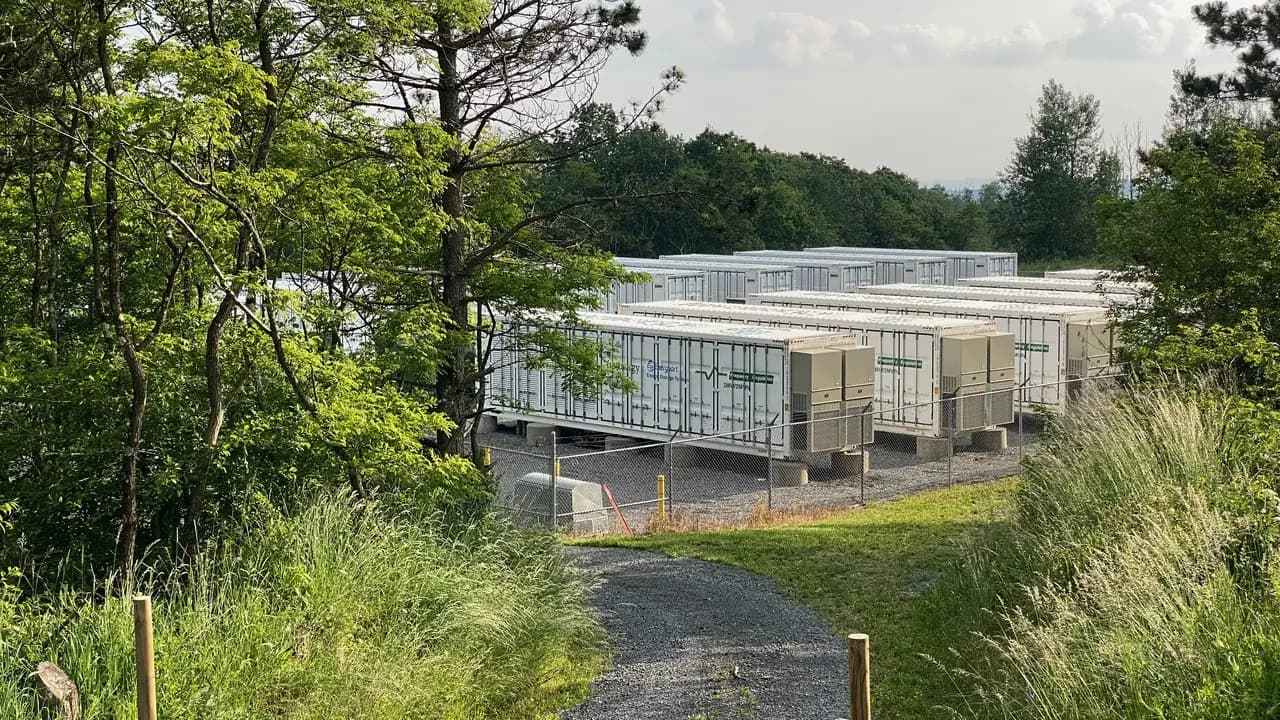 Rows of white battery-storage containers behind a fence among green trees, viewed down a gravel path; no people visible.