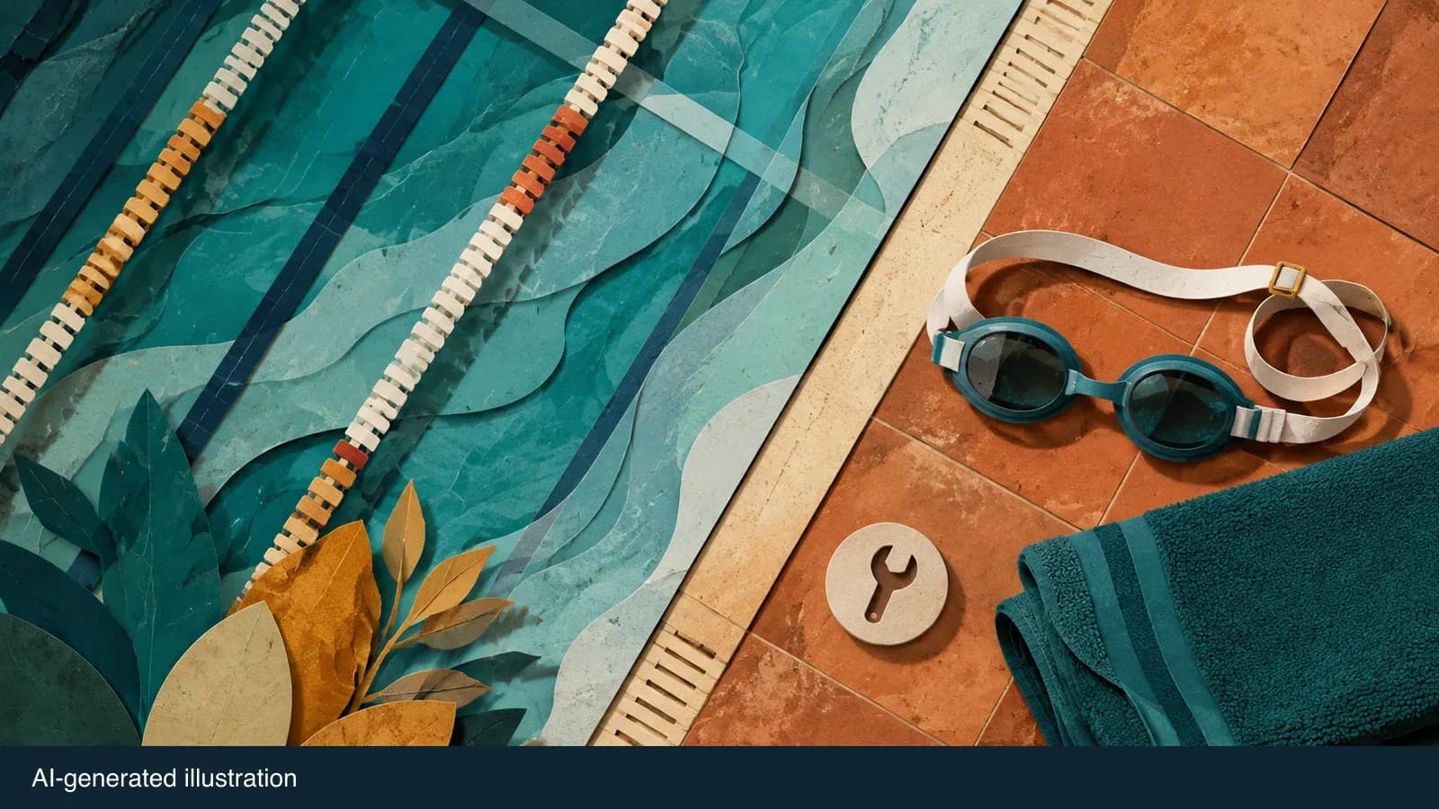 Illustrated swimming pool lanes and maintenance tools. AI-generated illustration.